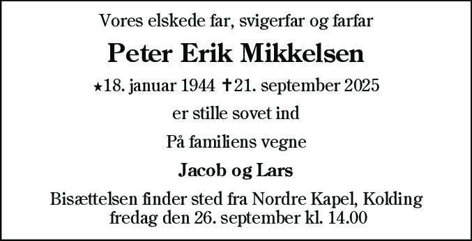 Dødsannonce for Peter Erik Mikkelsen