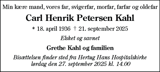 Dødsannonce for Carl Henrik Petersen Kahl