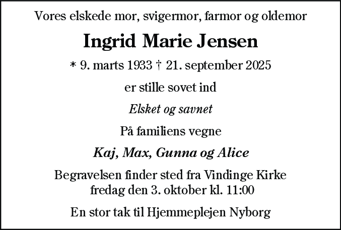 Dødsannonce for Ingrid Marie Jensen