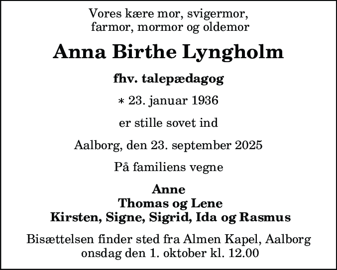 Dødsannonce for Anna Birthe Lyngholm