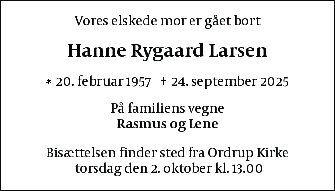 Dødsannonce for Hanne Rygaard Larsen