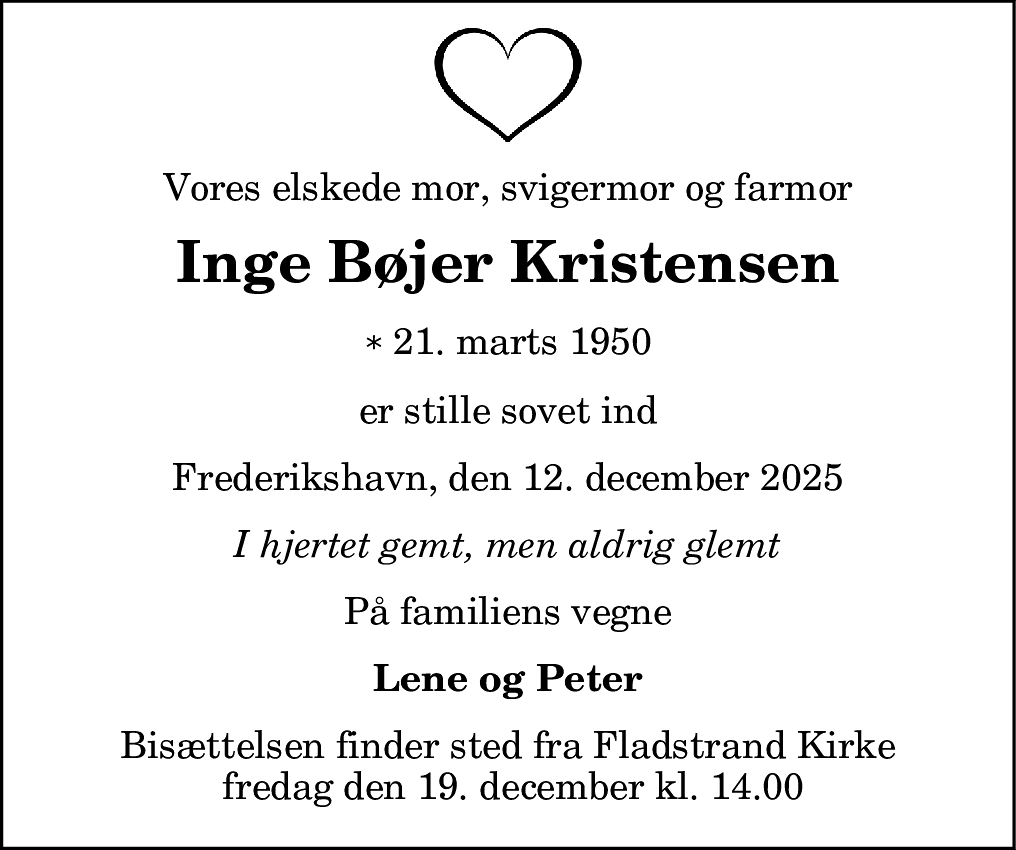 Dødsannonce for Inge Bøjer Kristensen
