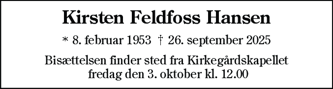 Dødsannonce for Kirsten Feldfoss Hansen