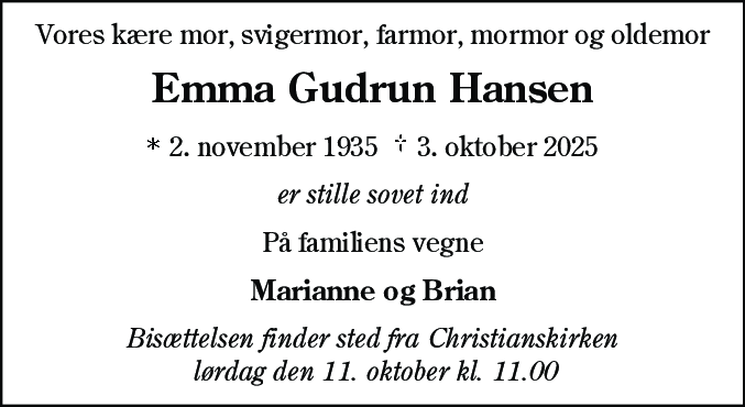 Dødsannonce for Emma Gudrun Hansen