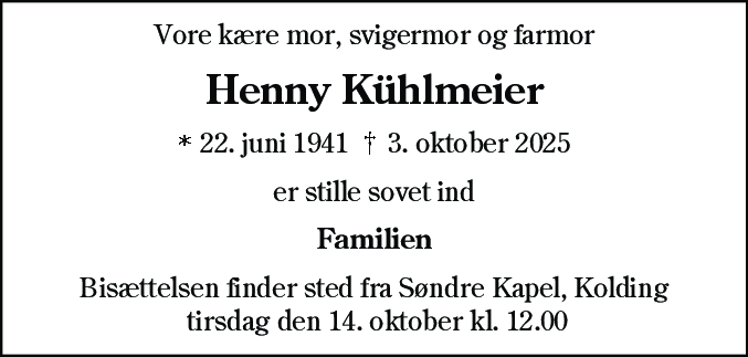 Dødsannonce for Henny Kühlmeier