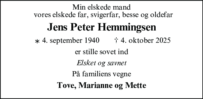 Dødsannonce for Jens Peter Hemmingsen