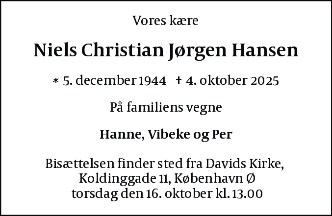 Dødsannonce for Niels Christian Jørgen Hansen
