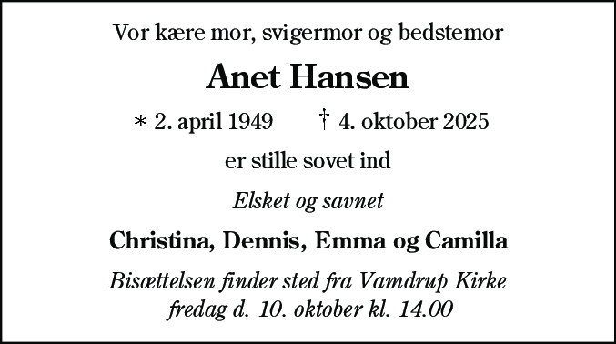 Dødsannonce for Anet Hansen