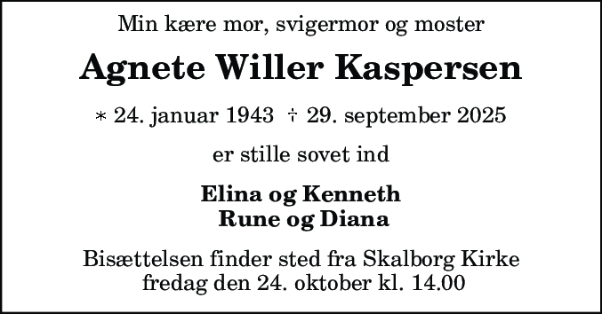 Dødsannonce for Agnete Willer Kaspersen