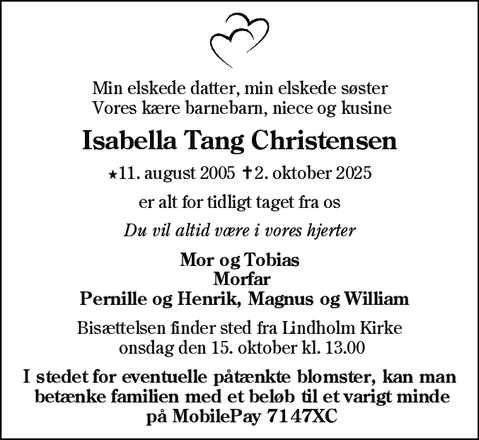 Dødsannonce for Isabella Tang Christensen