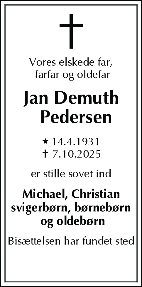 Dødsannonce for Jan Demuth Pedersen
