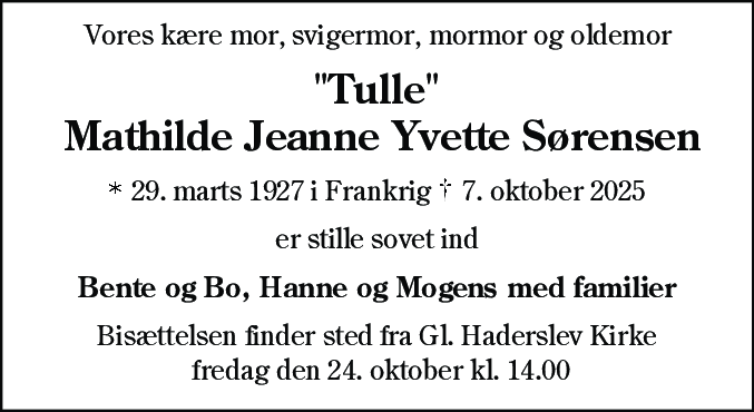 Dødsannonce for Mathilde Jeanne Yvette Sørensen
