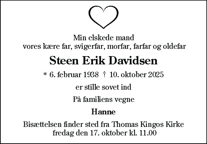 Dødsannonce for Steen Erik Davidsen