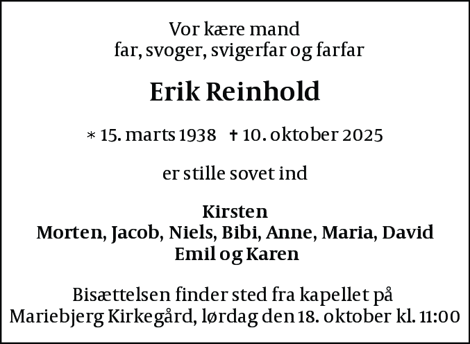 Dødsannonce for Erik Reinhold