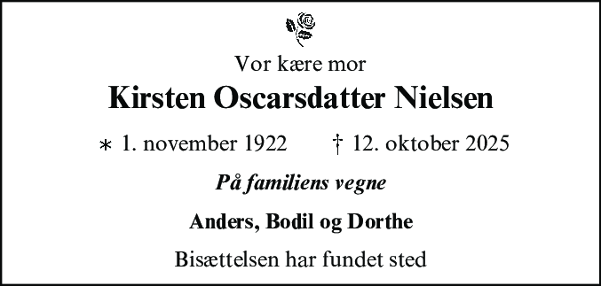 Dødsannonce for Kirsten Oscarsdatter Nielsen