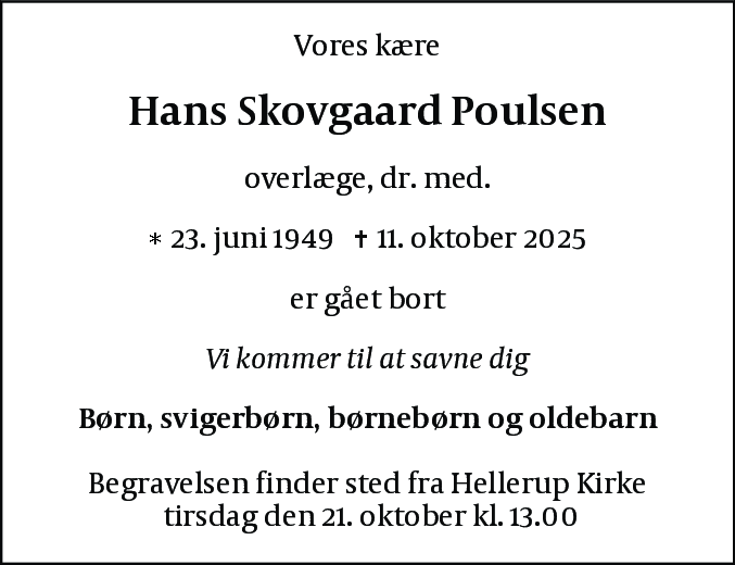 Dødsannonce for Hans Skovgaard  Poulsen