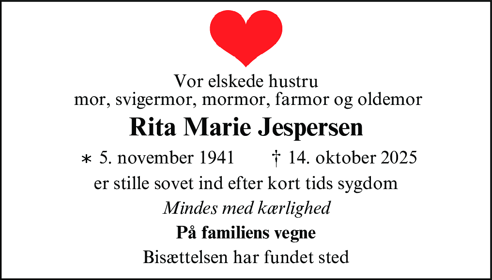 Dødsannonce for Rita Marie Jespersen