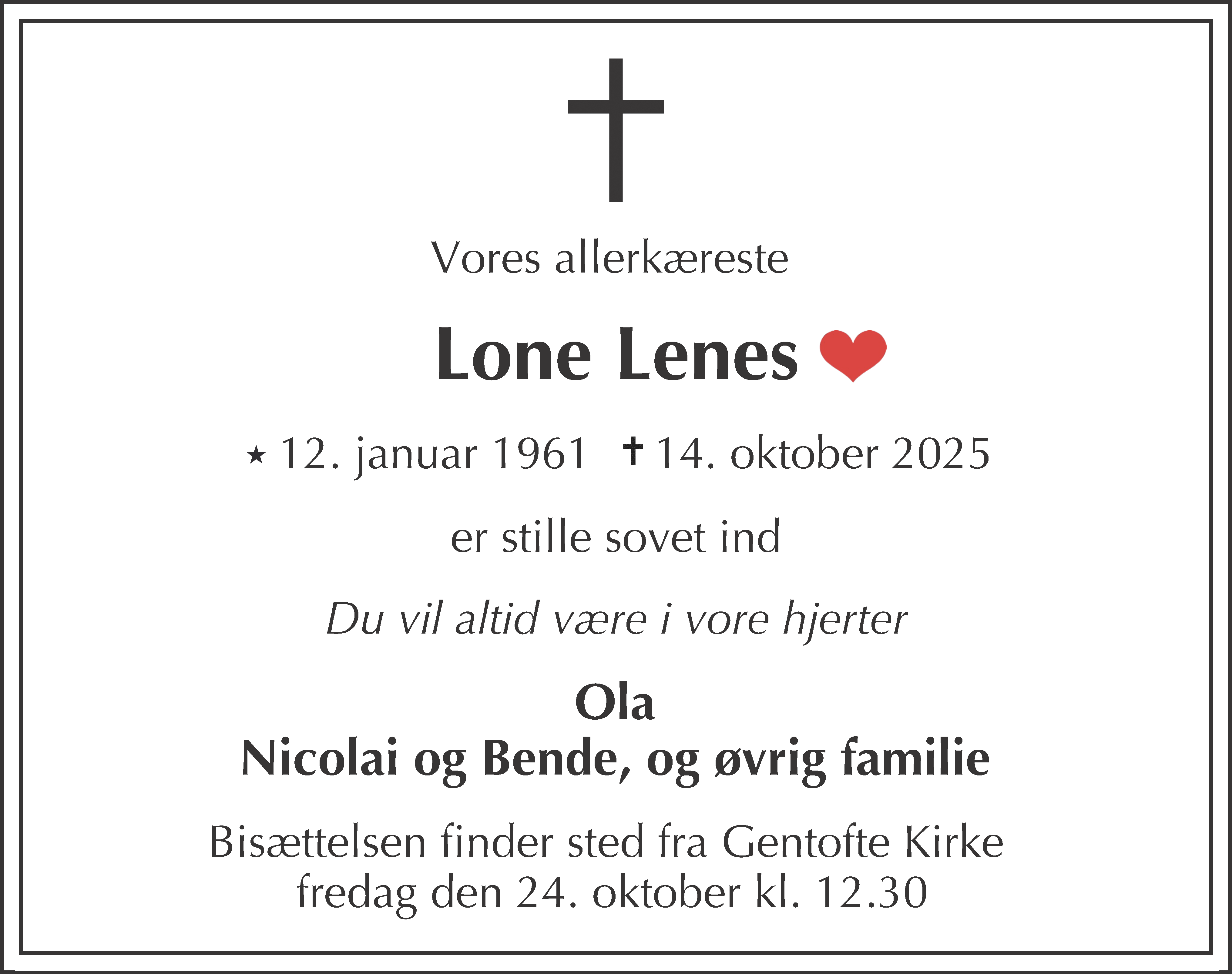 Dødsannonce for Lone Lenes