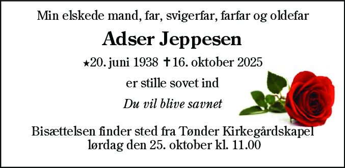 Dødsannonce for Adser Eivind Jeppesen