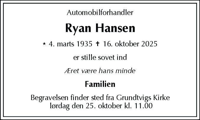 Dødsannonce for Ryan Hansen