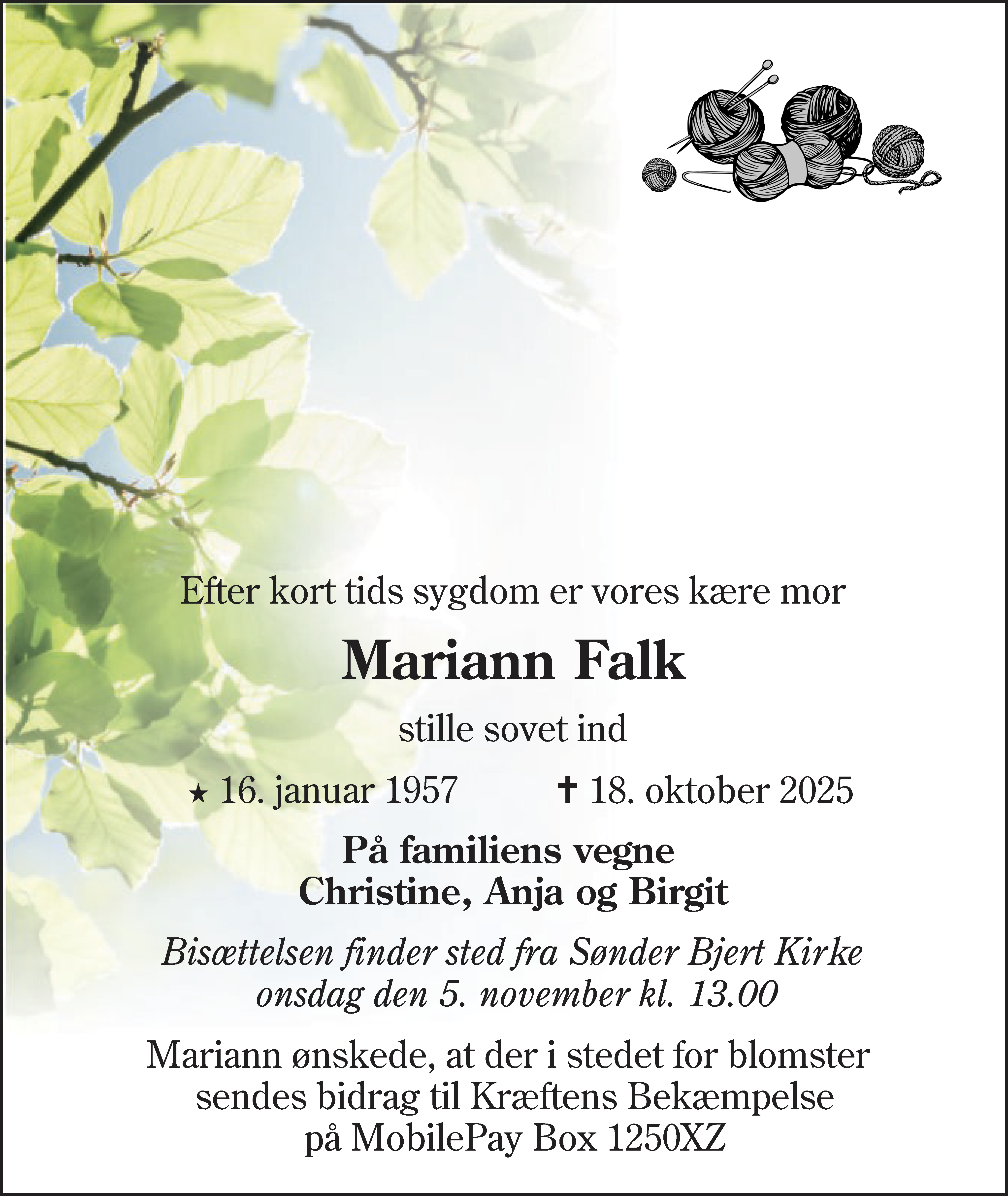 Dødsannonce for Mariann Falk