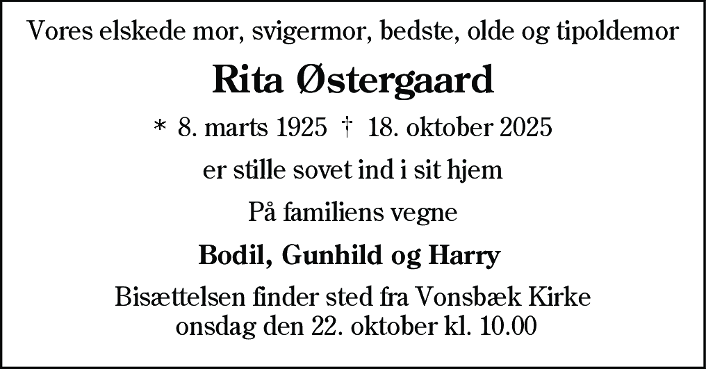 Dødsannonce for Rita  Østergaard
