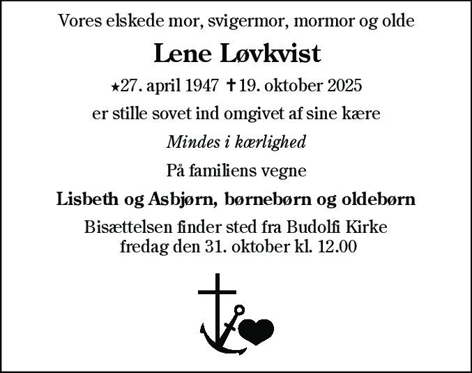 Dødsannonce for Lene Løvkvist