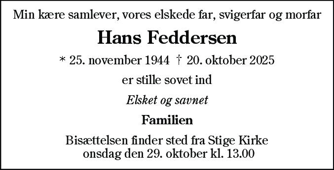 Dødsannonce for Hans Feddersen