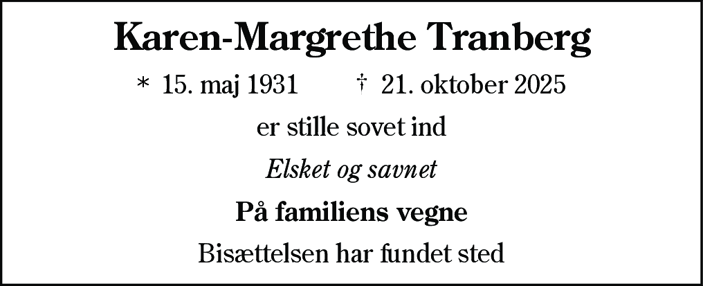 Dødsannonce for Karen-Margrethe Tranberg