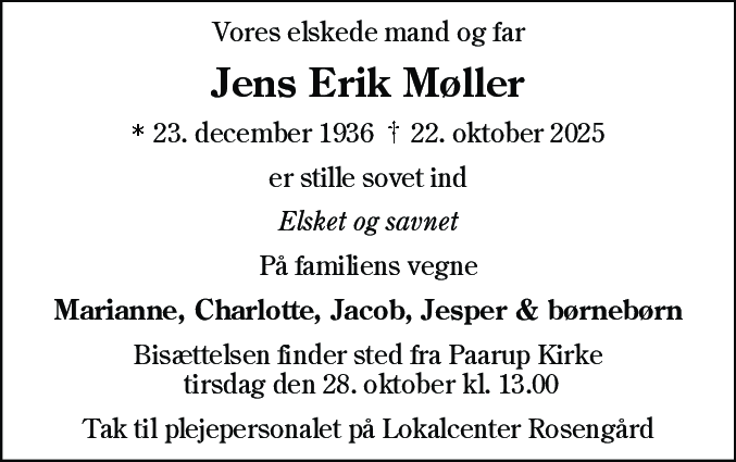 Dødsannonce for Jens Erik Møller