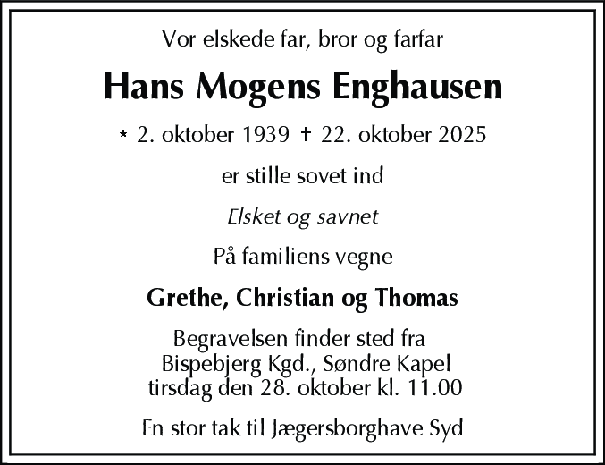 Dødsannonce for Hans Mogens Enghausen