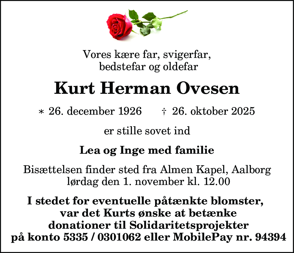 Dødsannonce for Kurt Herman Ovesen