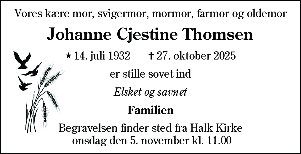 Dødsannonce for Johanne Cjestine Thomsen
