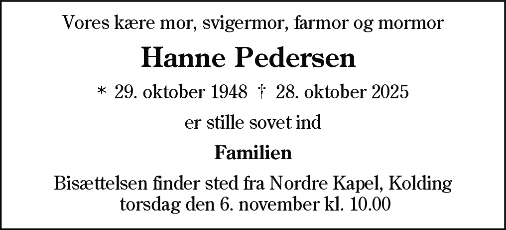 Dødsannonce for Hanne Pedersen