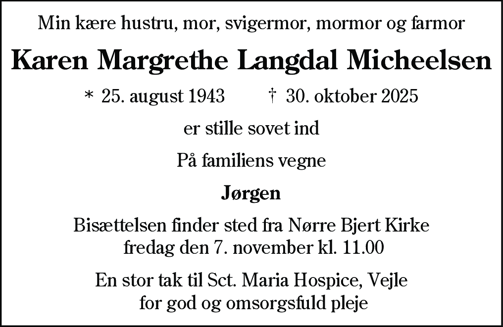 Dødsannonce for Karen Margrethe Langdal Micheelsen