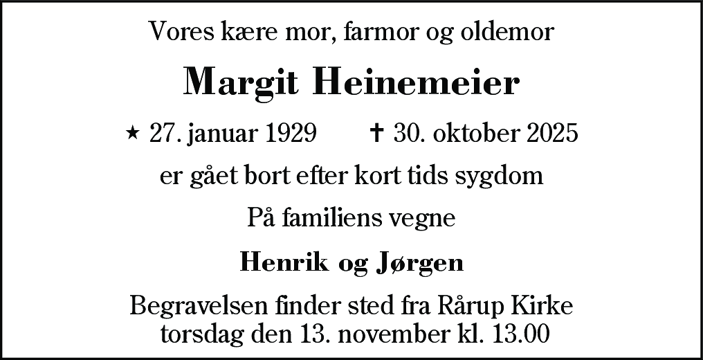 Dødsannonce for Margit B Heinemeier