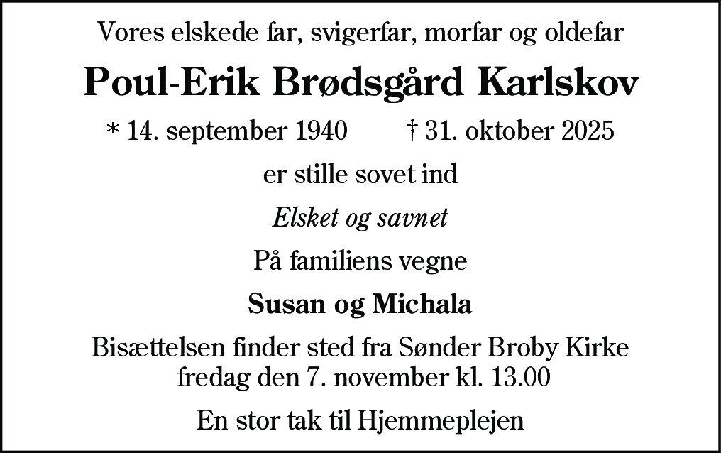 Dødsannonce for Poul-Erik Brødsgård Karlskov