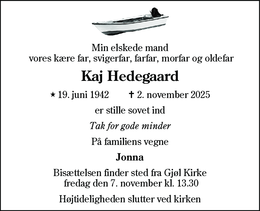 Dødsannonce for Kaj Hedegaard
