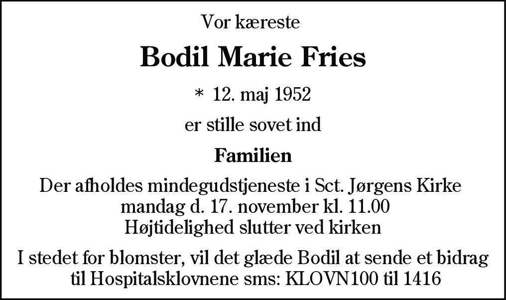 Dødsannonce for Bodil Marie Fries