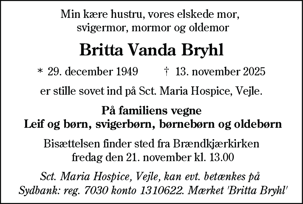 Dødsannonce for Britta Vanda Bryhl
