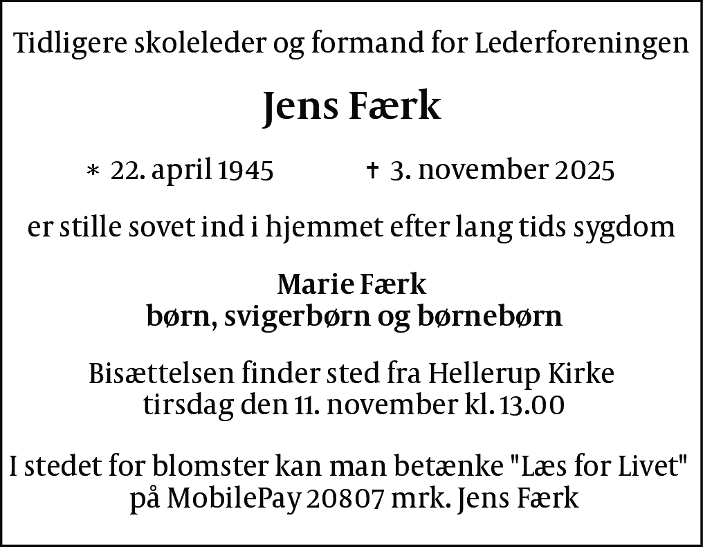 Dødsannonce for Jens Nikolaj Færk
