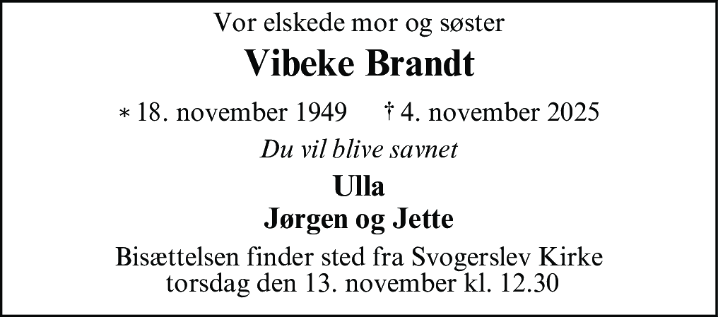 Dødsannonce for Vibeke Brandt