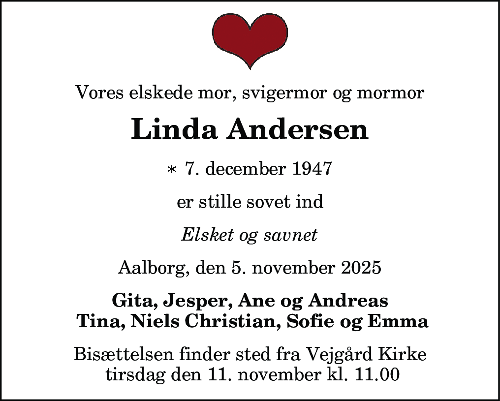 Dødsannonce for Linda Andersen