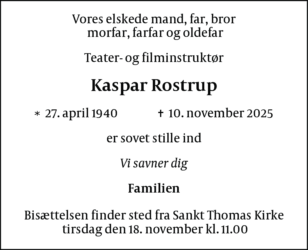 Dødsannonce for Kaspar Rostrup