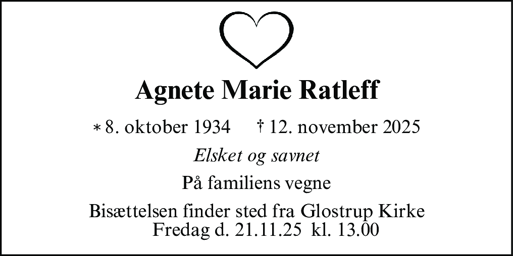 Dødsannonce for Agnete Marie Ratleff