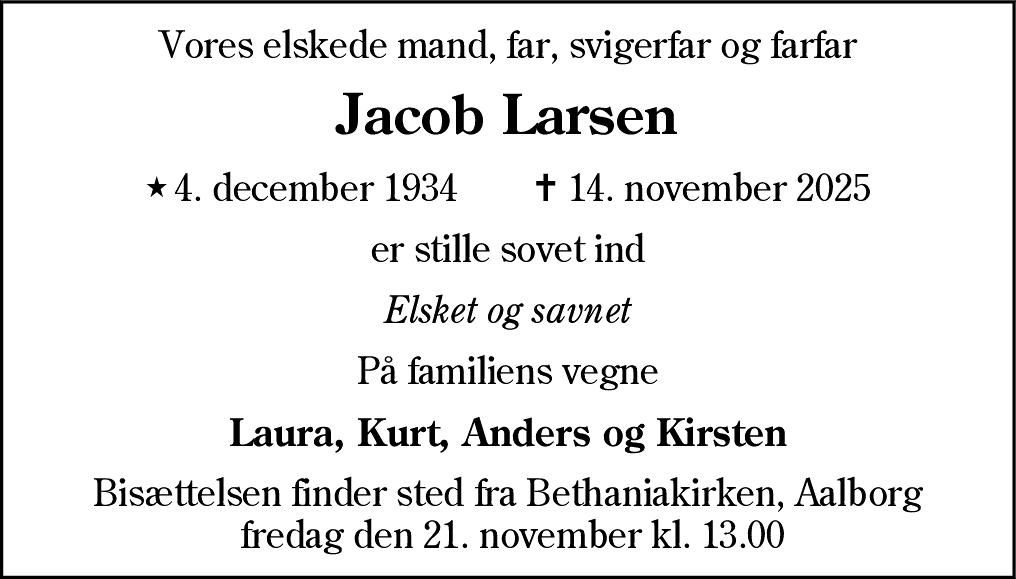 Dødsannonce for Jacob Larsen
