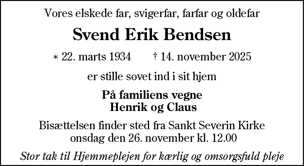 Dødsannonce for Svend Erik Bendsen