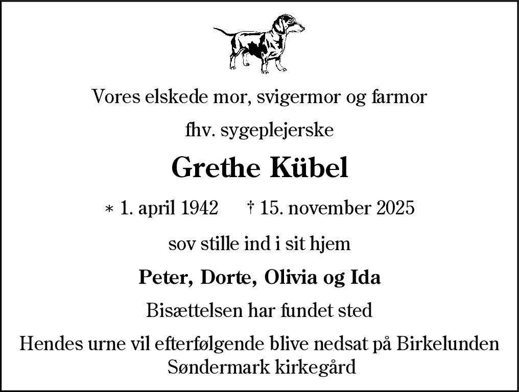Dødsannonce for Grethe Kubel