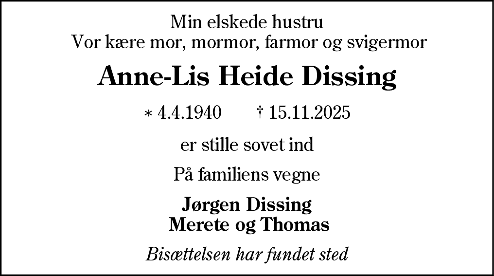 Dødsannonce for Anne-Lis Heide Dissing