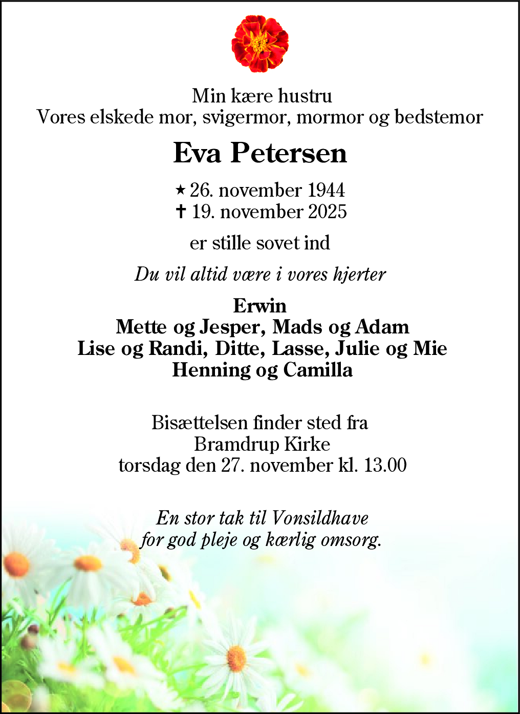Dødsannonce for Eva Petersen